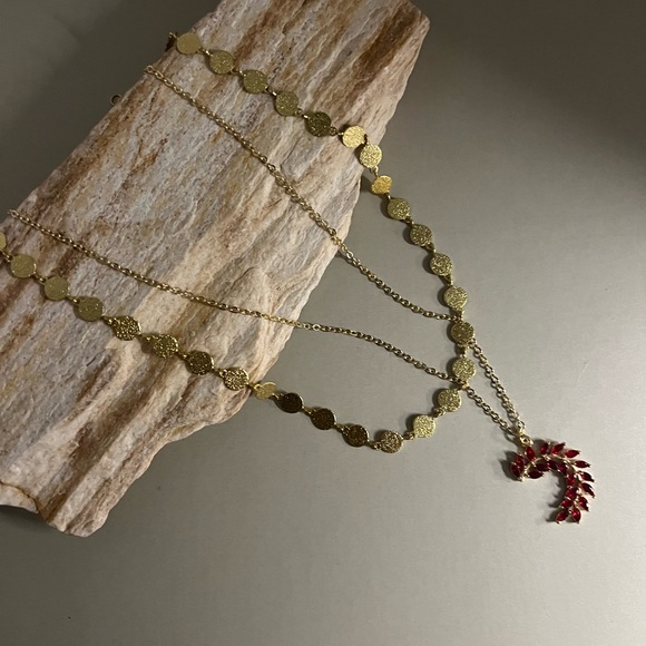 Romantic Gold & Red Cubic Zirconia Leaf Pendant Necklace Set - Glam Necklace - Picture 4 of 9